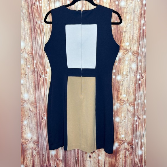 Calvin Klein Color Blocked Sheath Dress Size 8 Navy Taupe and Cream - Picture 4 of 5